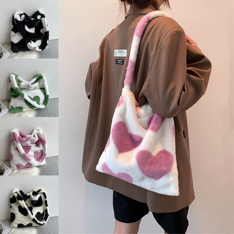 Love Heart Shoulder Bags Winter Plush Shopping Bags For Women