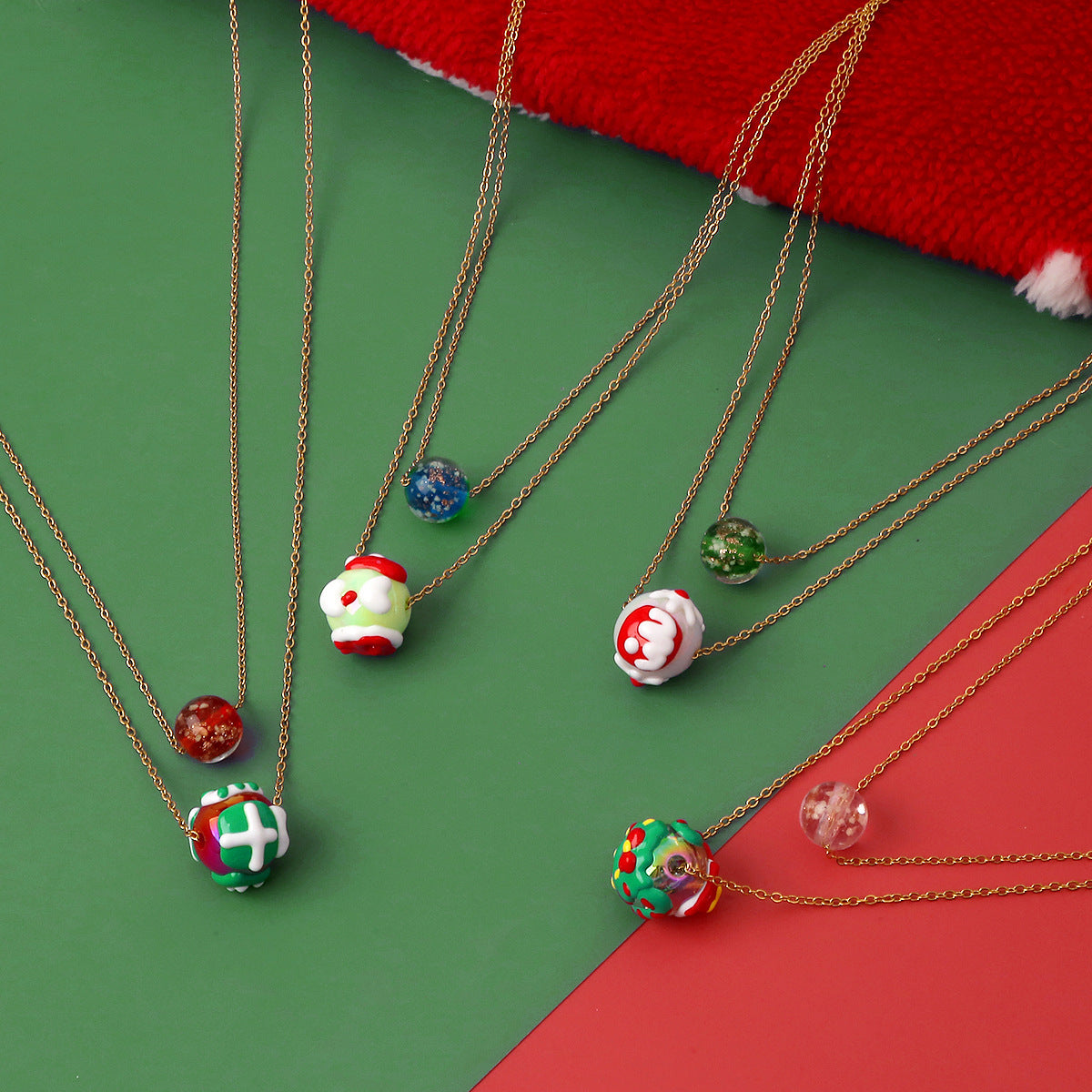 Christmas Luminous Necklace Fashion Niche Christmas Tree Santa Claus Round Bead Double-layer Necklace For Women Jewelry