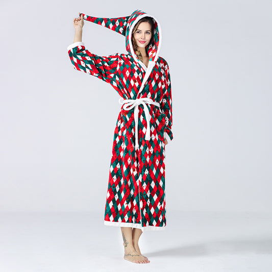 Christmas Sleepwear Women Fleece Hooded Bathrobe Plush Long Robe Winter