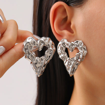 New Pleated Lava Hollow Heart-shaped Earrings Personality Exaggerated Love Earrings For Women Valentine's Day Jewelry