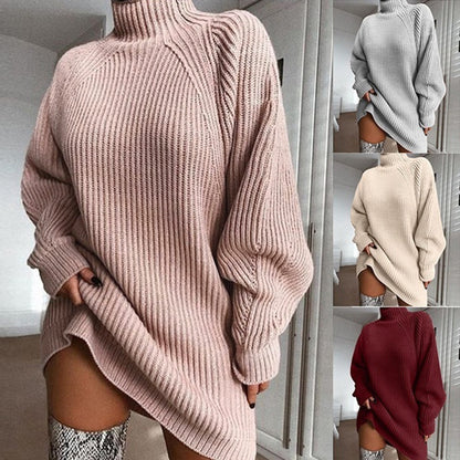 Solid Turtleneck Long Sweater Winter Warm Women Sweater Dress