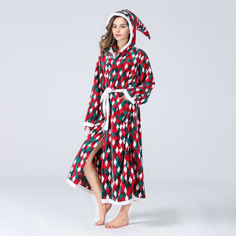 Christmas Sleepwear Women Fleece Hooded Bathrobe Plush Long Robe Winter