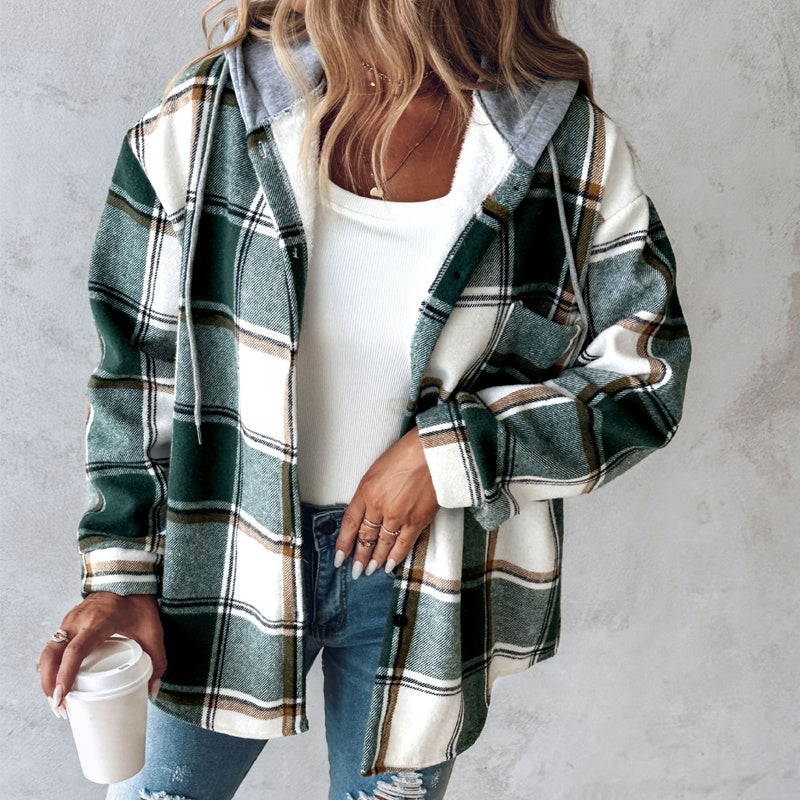 European And American Fashion Women's Wear Solid Color Plaid Hooded Jacket