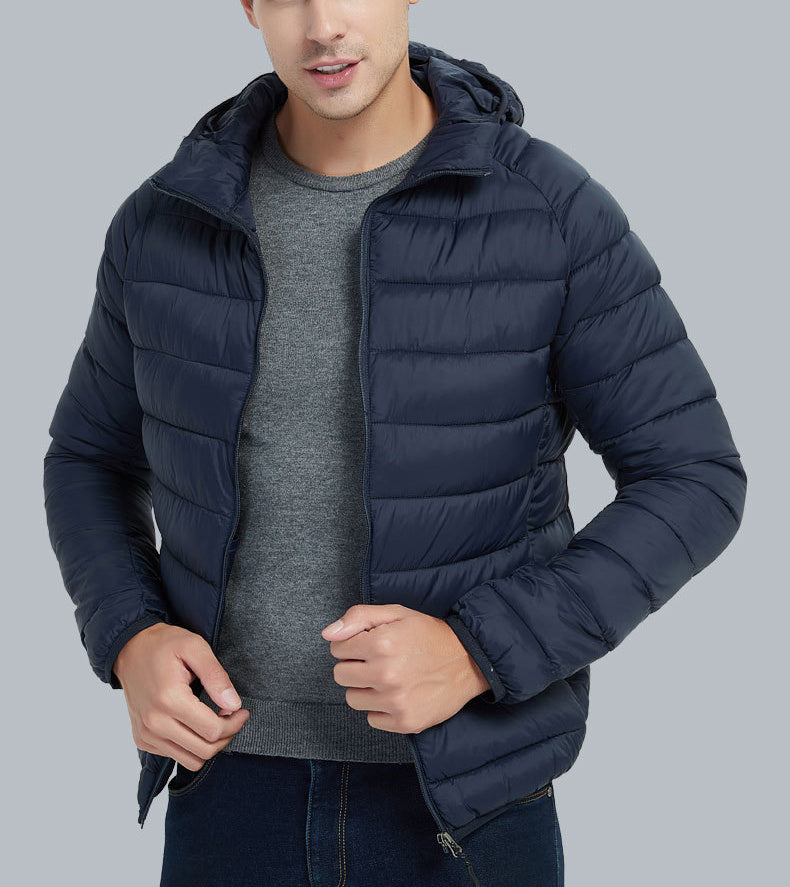 Men's Lightweight Hooded Coat Winter Warm Solid Color Zipper Jacket Fashion Portable Outerwear Top Clothing