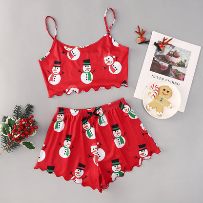 Christmas European And American Thin Pajamas Women's Sleeveless Shorts Milk Silk Simple Casual Two-piece Suit Homewear