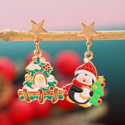 Fashionable Asymmetric Cartoon Dripping Oil Christmas Elk Earrings