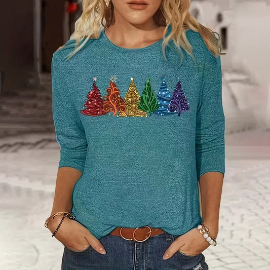 Women's Long-sleeved T-shirt Christmas Tree Printed Round Neck Loose Casual