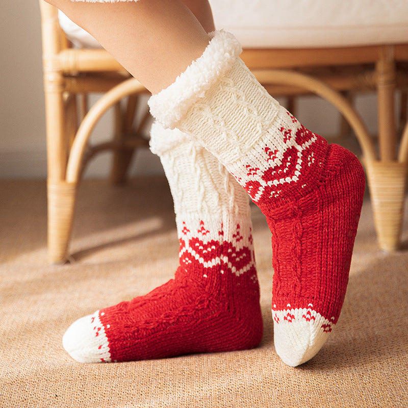 Love Knitted Plush Floor Socks Winter Warm Non-slip Carpet Socks Christmas Home Women