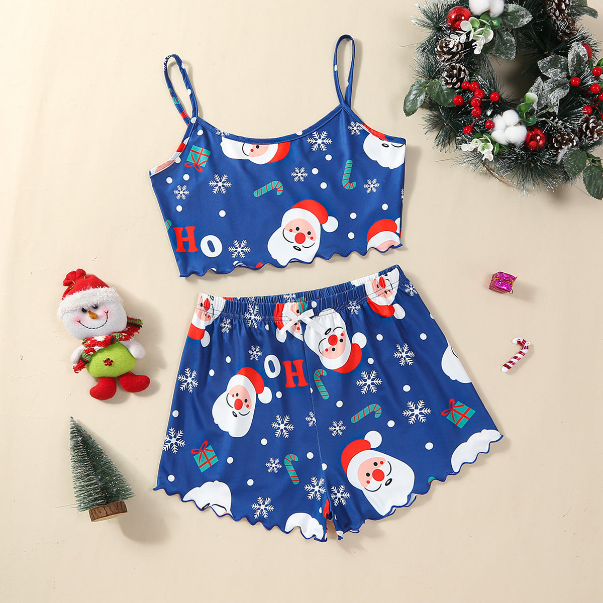 Christmas European And American Thin Pajamas Women's Sleeveless Shorts Milk Silk Simple Casual Two-piece Suit Homewear