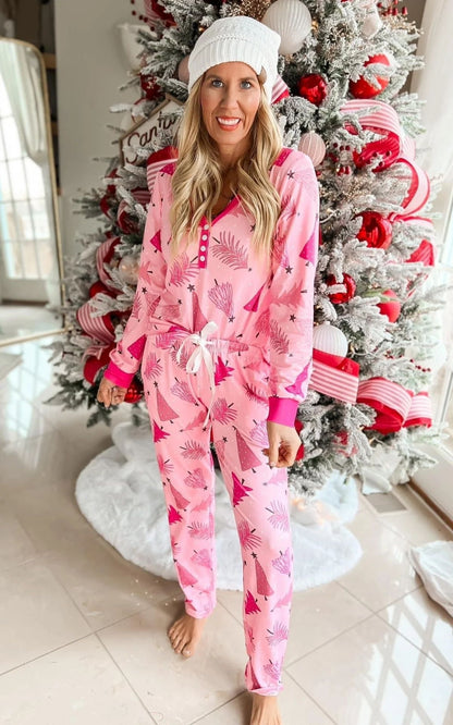 Christmas Pajamas Suit Christmas Tree Printed Long Sleeve Button Two-piece Set