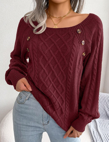 Square Neck Knitted Sweater With Button Design Winter Warm Long Sleeve Tops Women's Clothing