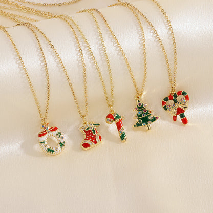 Christmas Tree Santa Claus Elk Snowman Oil-drop Necklace With Colored Rhinestones Ins Festival Clavicle Chain Necklace For Women Jewelry