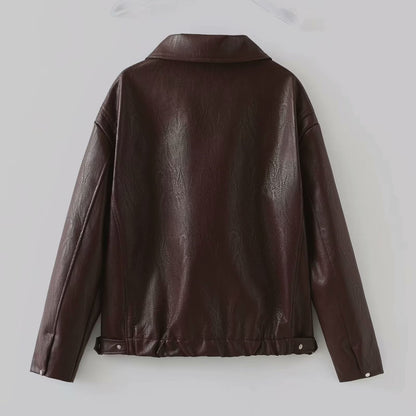 Solid Color Lapel Zipper Jacket Fashion Casual Long Sleeve Leather Coat Tops Women Clothing