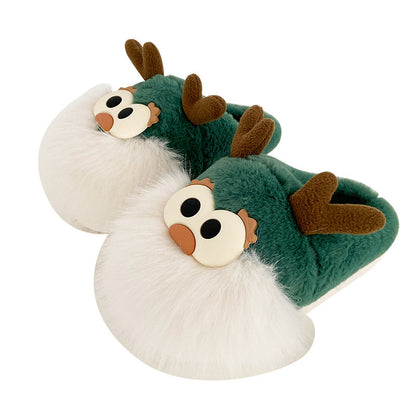 Cute Cartoon Christmas Deer Cotton Shoes Winter Indoor Floor Home Slippers Half-covered Heel Warm Plush Shoes Women