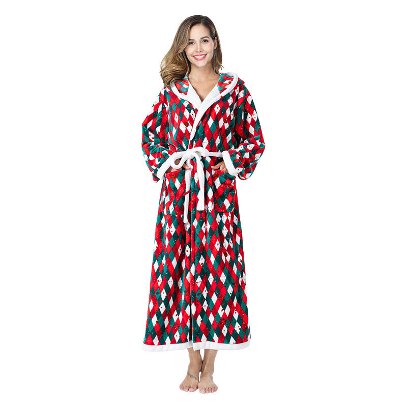 Christmas Sleepwear Women Fleece Hooded Bathrobe Plush Long Robe Winter