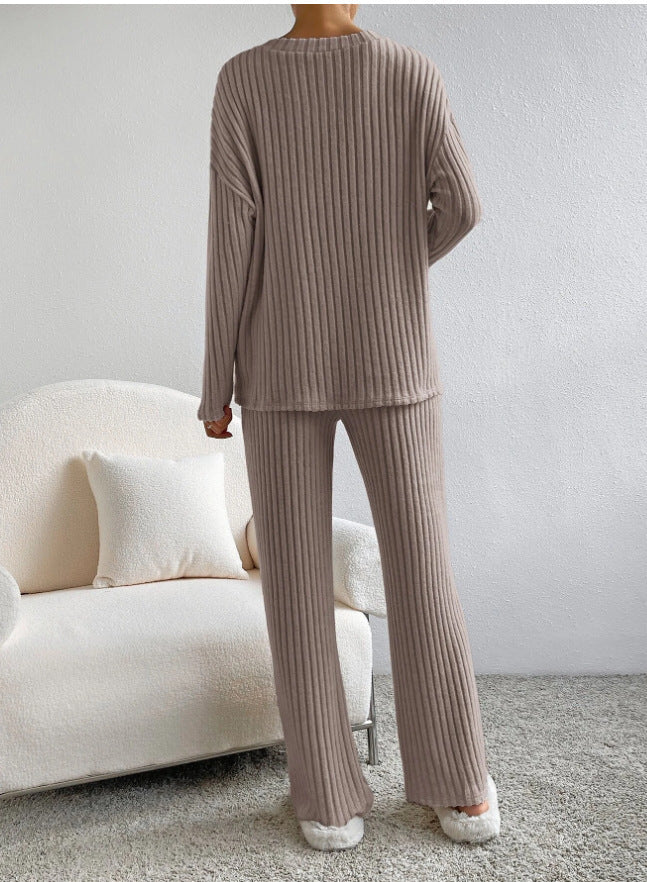 Fashion Solid Striped Suit V-neck Long-sleeved Top And Casual Straight Pants Loose Temperament Women's Clothing