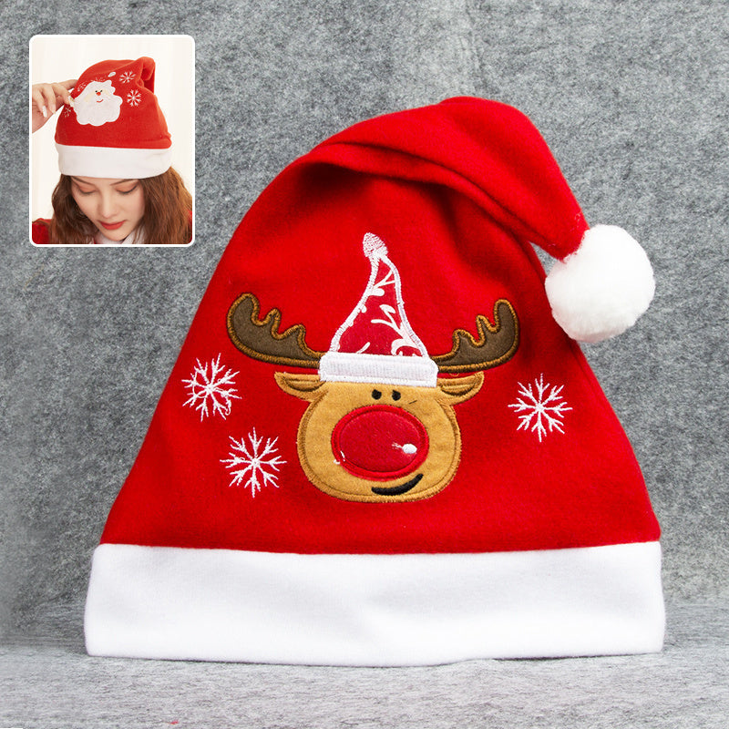 Cartoon Christmas Hat With Elk Santa Claus Embroidery Design Holiday Party Decoration Fuzzy Hat