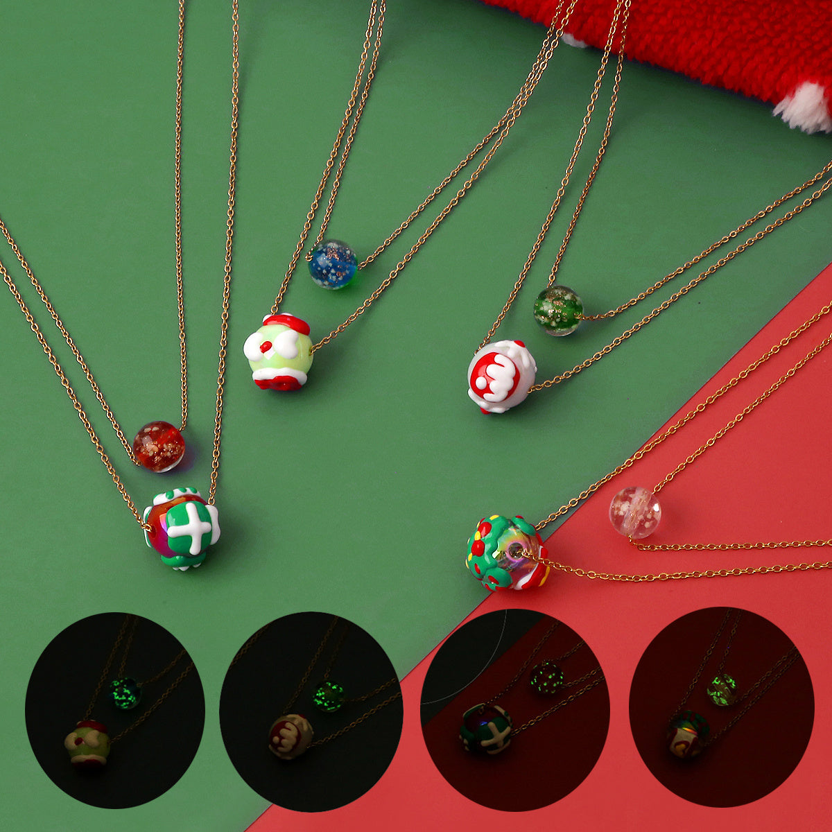 Christmas Luminous Necklace Fashion Niche Christmas Tree Santa Claus Round Bead Double-layer Necklace For Women Jewelry