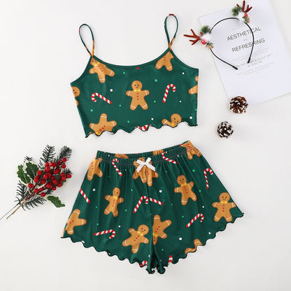 Christmas European And American Thin Pajamas Women's Sleeveless Shorts Milk Silk Simple Casual Two-piece Suit Homewear