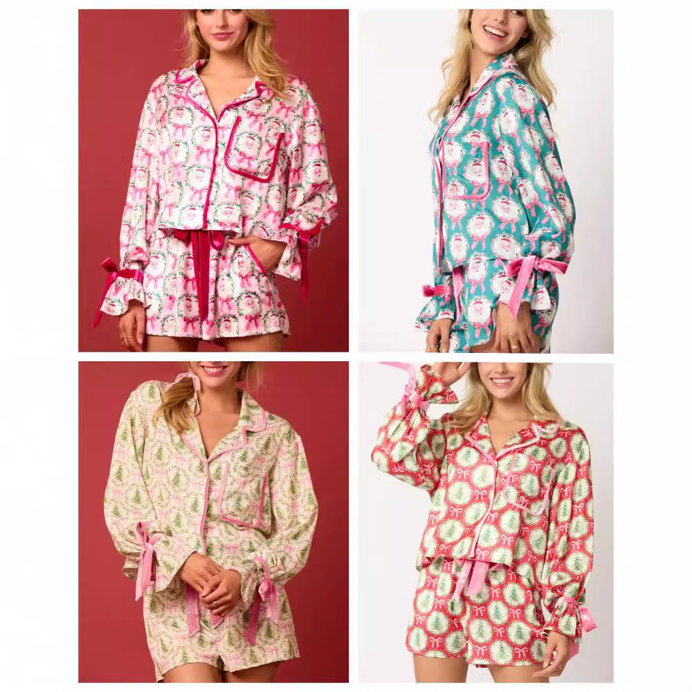 2 Pcs Women's Christmas Pajama Set Santa Tree Print Lapel Neck Button-up Long Sleeve Tops Shorts Loungewear Outfit