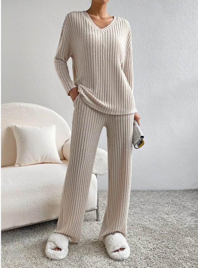 Fashion Solid Striped Suit V-neck Long-sleeved Top And Casual Straight Pants Loose Temperament Women's Clothing